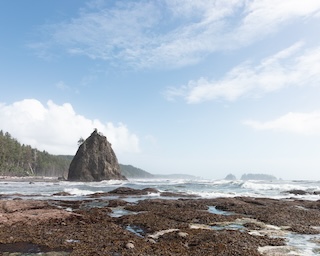 Photography by Keagen Thomson of Rialto Beach Washington, Rocky tide pool against the ocean horizon